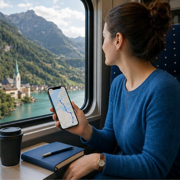 European rail traveller using a phone map beside a scenic train window