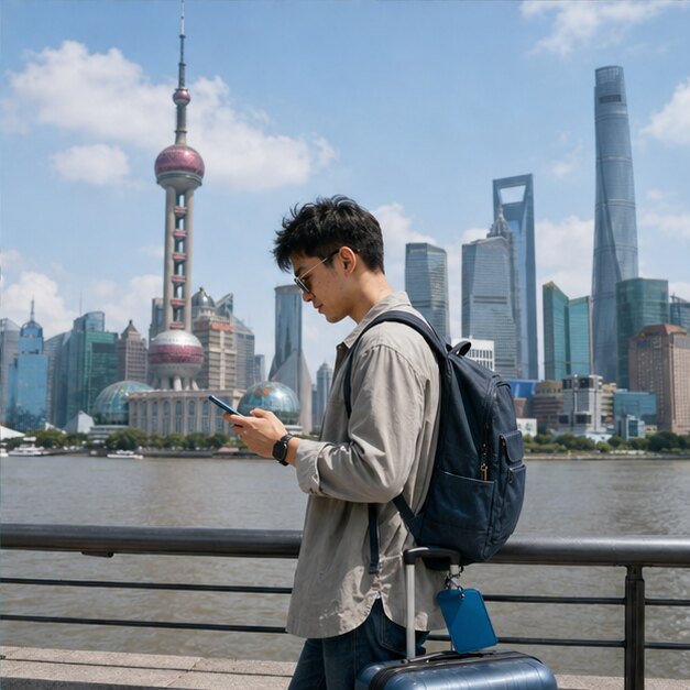 International traveller using a smartphone after arriving in modern Shanghai