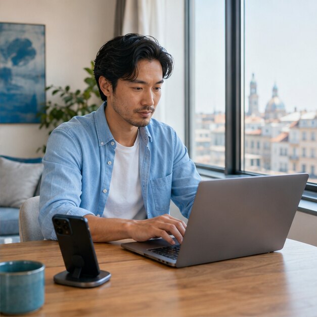Digital nomad working on a laptop connected through a phone hotspot