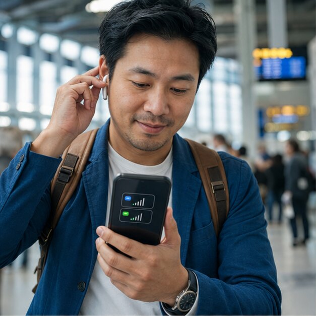 Traveller using a dual-SIM phone while preparing for an international journey