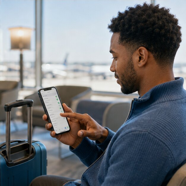 Traveller carefully troubleshooting mobile connectivity settings on a phone