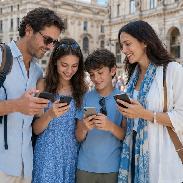 Family staying connected with their phones while exploring a European plaza