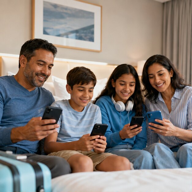 Family members using separate smartphones while travelling together