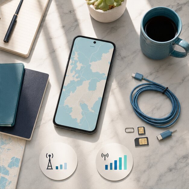 Trip-planning desk with a smartphone map and mobile data planning notes