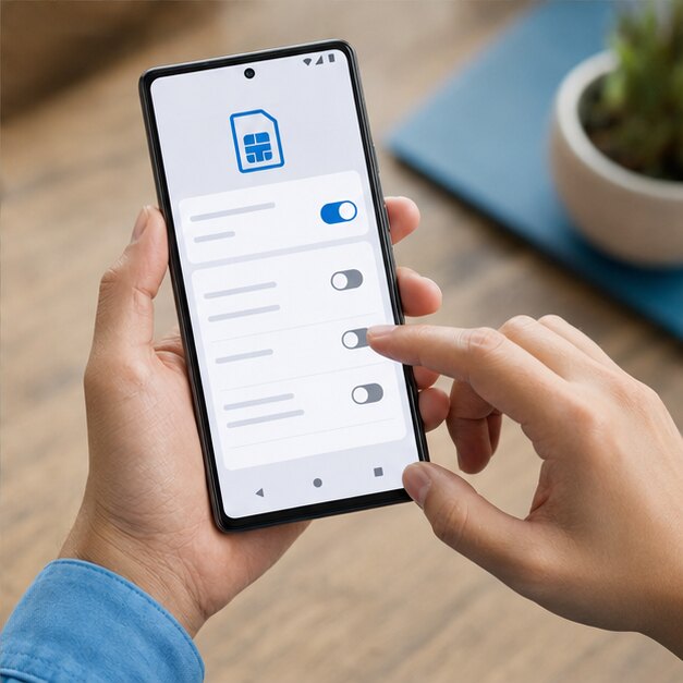 Close-up of a traveller installing an eSIM on an Android-style smartphone