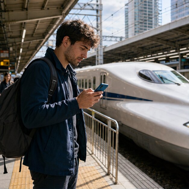Traveller using a smartphone near a Shinkansen platform in Japan