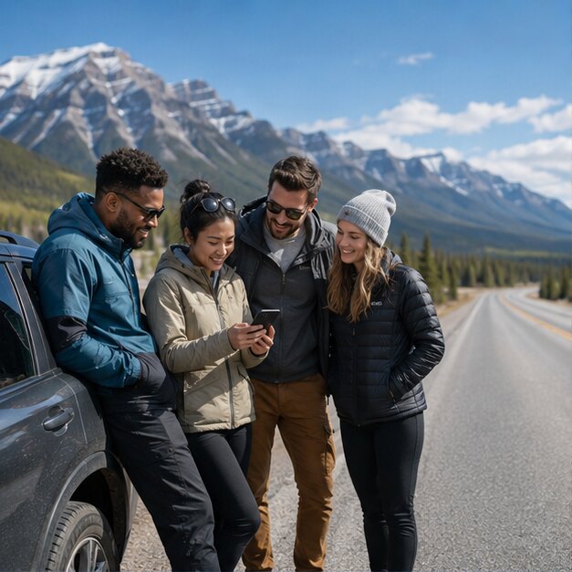 Friends using a phone map beside a car on a North American road trip