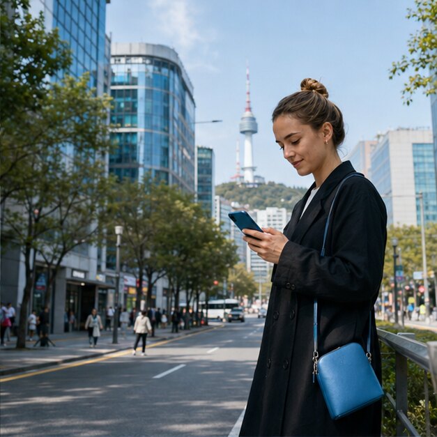 Traveller navigating a lively modern street in Seoul with a smartphone
