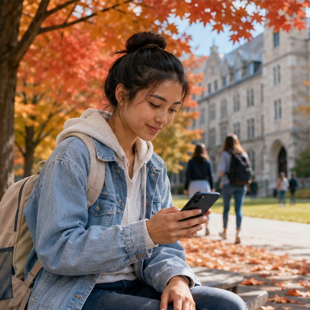 University student using a smartphone on a Canadian campus