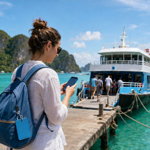Traveller checking a phone before boarding an island ferry in Thailand