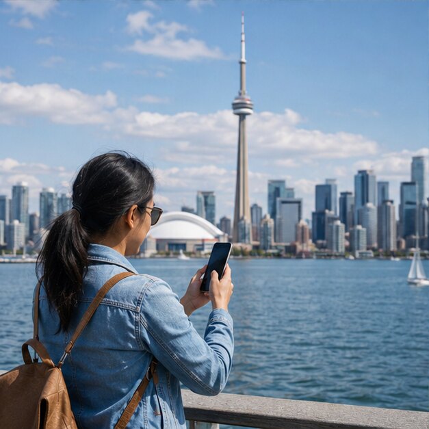 Visitor using a smartphone with the Toronto skyline in view