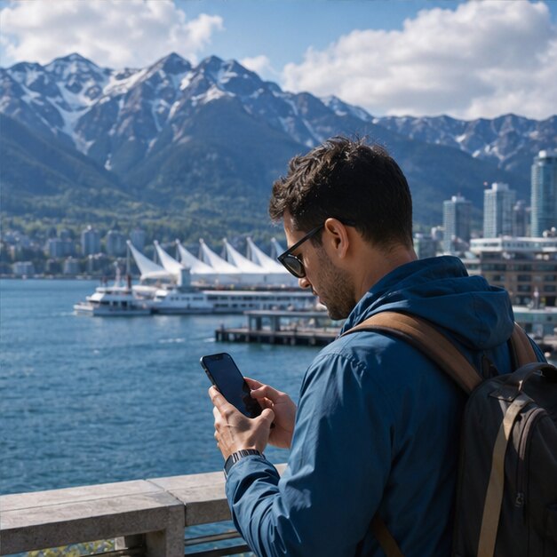 Traveller using a phone by Vancouver waterfront with mountains beyond